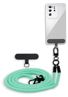 A phone case with a turquoise lanyard and a black attachment for the phone.