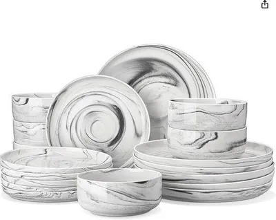 Image de Set de serviettes en porcelaine pour 6 personnes - Set de plateaux et d'assiettes en marbre gris - Vaisselle ronde adaptée au lave-vaisselle et au micro-ondes