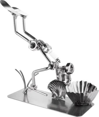 A metal sculpture of a diver with a shell and a fluted cup.