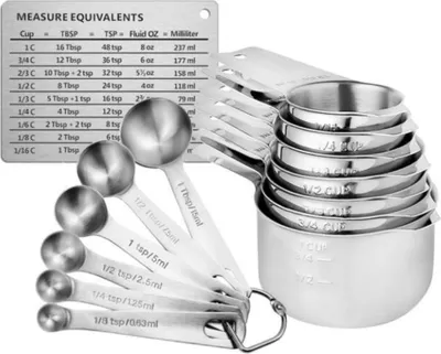 Produktbild von INF 14-teiliges Messbecher- und Löffel-Set aus Edelstahl mit Umrechnungstabelle