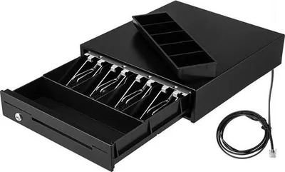 Immagine prodotto di Cassetto per contanti, inserto per registratore di cassa da 13 pollici a 12 V, cassetto per sistema POS con 4 banconote, 5 monete, scomparto per monete rimovibile e 2 chiavi, cavo RJ11/RJ12 per supermercato, bar, caffè, ristorante