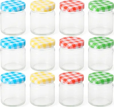 Image de lot de 12 mini-bocaux avec couvercle à carreaux - 50 ml - Ø 5×H 7 cm - Bocaux à provisions, à conserves & à cadeaux