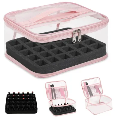 Produktbild von Aufbewahrungsbox für 30 Nagellackfläschchen, transparenter Nagellack-Organizer und Make-up-Koffer aus spritzwassergeschütztem PVC mit flexiblem Schwammeinsatz, ideal für Zuhause und auf Reisen.