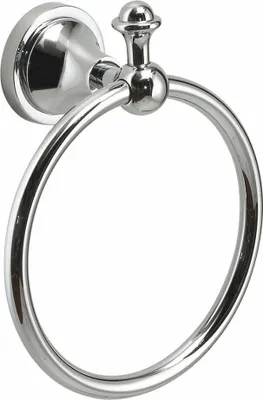 A chrome towel ring mounted on a white background.