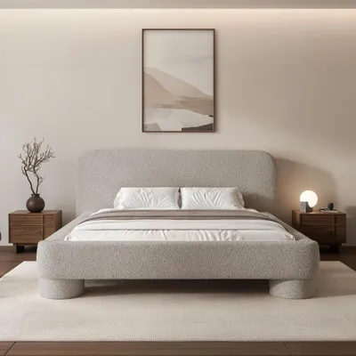 Productafbeelding van Gestoffeerd bed Frederico 140x200 cm, grijs bouclé – Tweepersoonsbed met opbergruimte, lattenbodem en rond hoofdeinde