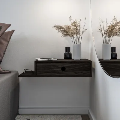 Produktbild von Schwebender Nachttisch HOPE aus schwarzer Buche, moderne und minimalistische Nachtkommode mit Regal an der Seite, schwebendes Wandregal mit Schublade