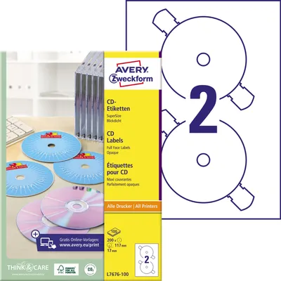 Produktbild von Avery Zweckform L7676-100 CD-Etiketten, Ø 117 mm, 100 Blatt/200 Etiketten, weiß