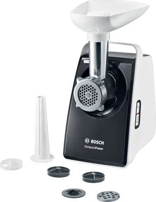 Produktbild von Bosch Fleischwolf MFW3612A, weiß/grau, 1600W Blockierleistung, 1,9 kg/min Verarbeitungsleistung, Maße: 160x250x230mm, Kunststoff, Rücklauffunktion, Tragegriff, beidseitig scharfes Messer, inkl. 3 Lochscheiben, Pasta- und Gebäckzubehör