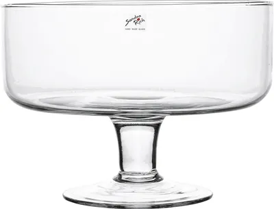 A clear studio shot of a glass bowl on a stand.