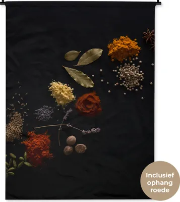 Produktbild von MuchoWow® Wandteppich Wandbehang Kräuter - Schwarz - Gewürze - Küche - Kochen 120x160 cm Tapisserie Dekoration Wandtuch - Wohnzimmer - Moderne