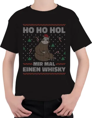 Produktbild von Ho Ho Hol mir mal einen Whisky Faultier - Ugly Christmas Sweater Weihnachten Uni Kinder T-Shirt, Schwarz, 116