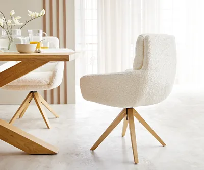 Produktbild von DELIFE Esszimmerstuhl Abelia-Flex mit Armlehnen Bouclé Weiß Holzgestell kantig Natur