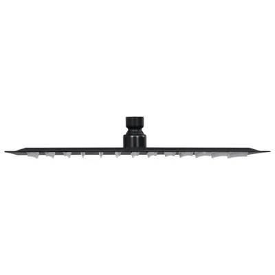A black square shower head with multiple nozzles, mounted on a white background.