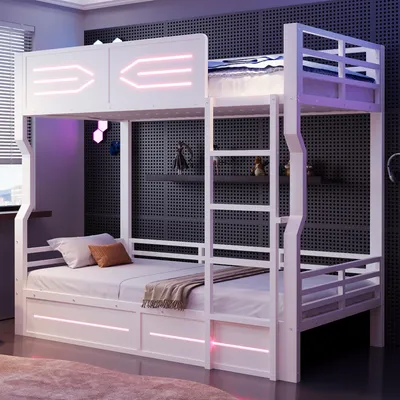 Produktbild von Flieks Etagenbett 90x200cm mit Led, Jugendbett Metallbett mit Leiter und Lattenrost, Kinderbett Hochbett mit Rausfallschutz 2 Kinder, Weiß