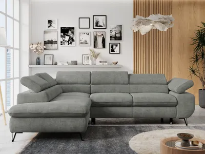 Produktbild von Ecksofa Sofa Grau, Wohnlandschaft L-Form mit Schlaffunktion und Bettkasten, Schlafsofa mit Bettkasten, Sofa mit Einstellbare Kopfstützen, Peter L - Grau Struktur - Links Grau