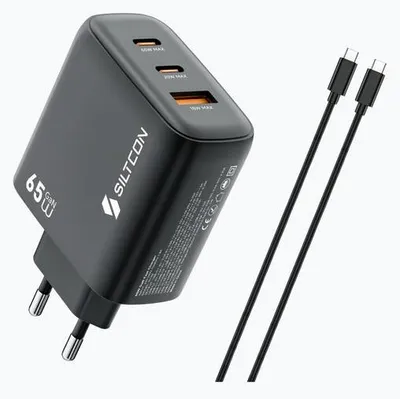 Produktbild von Siltcon® 3-in-1 USB-C Ladegerät 65W – GaN Schnellladegerät mit 2m USB-C Kabel, 2x USB-C & USB-A