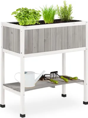 Obrázek produktu pro Relaxdays Dřevěný vyvýšený záhon, záhon na kůlech, rozměry: 80,5 x 74 x 38 cm, do zahrady, na balkon a terasu, s fólií, šedo-bílý