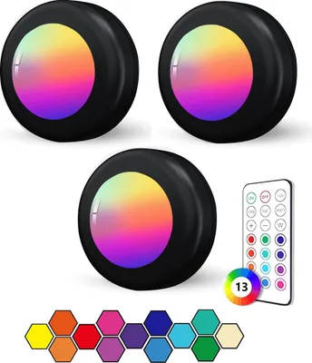Produktbild von KUGI Schrankleuchte Batteriebetrieben LED RGB Spots mit Fernbedienung 3 Stück, 13 Farbwechsel Kabellos Vitrinenbeleuchtung, Dimmbar Unterbauleuchte, N