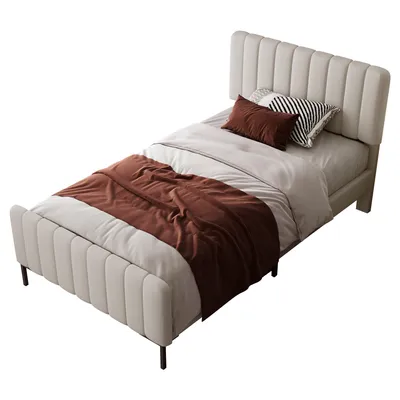 Produktbild von Polsterbett, 90x200 cm, Einzelbett mit Lattenrost, gepolsterter Kopfteil höhenverstellbar, Bezug aus Leinen, Jugendbett
