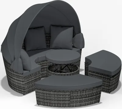 Produktbild von CASARIA® Sonneninsel Outdoor Wetterfest mit Dach Grau Ø185cm Tisch Polyrattan 7cm Auflagen Gartenmöbel Sonnenliege Balkonmöbel Lounge Gartenliege