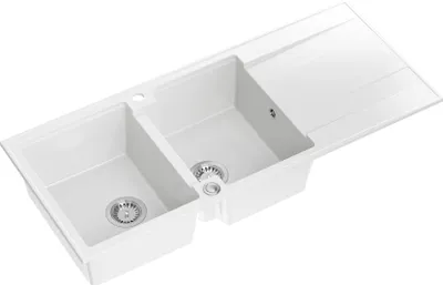 Obrázok produktu pre Drez QUADRON 2-komorový drez | Rozmery: 116 x 50 x 21 cm | EVAN 121 | Kuchynský drez GraniteQ granitový drez so sifónom | Biela a oceľ