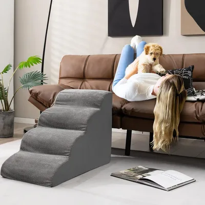 Productafbeelding van Hondentrap, 4 treden, antislip hondentrap van schuim, huisdiertrap voor honden en katten, afneembaar, hondentrap voor bank, bed, wasbare hoes, grijs