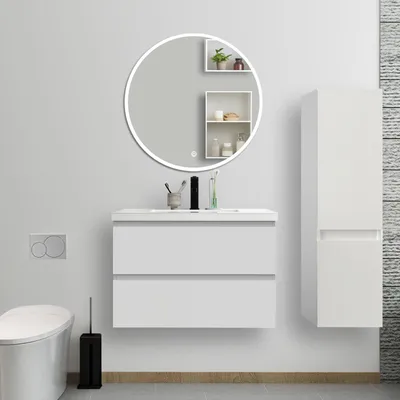 Image de Ensemble de meubles de salle de bain, 79*46*52cm, meuble avec vasque + miroir LED rond + meuble colonne 110cm, blanc
