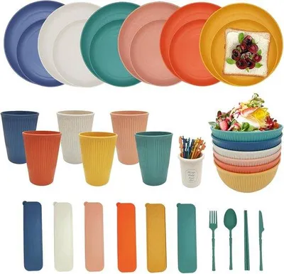 Produktbild von 67-teiliges Camping-Geschirrset für 6 Personen, BPA-freies Outdoor-Geschirrset in 6 Farben, ideal für Familienessen, Picknicks und Camping