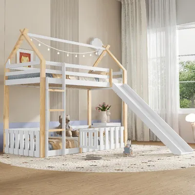 Produktbild von Etagenbett 90x200 cm weiß natur aus Kiefer, MDF, Sperrholz mit Rutsche, Dachform und Lattenrost für Kinderzimmer