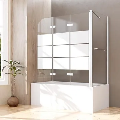 Produktbild von Duschwand für Badewanne mit Seitenwand 70x120x140cm 3-teilig Faltbar Gestreift Glas Duschtrennwand, Duschabtrennung Badewannenaufsatz aus 6mm ESG Sicherheitsglas, Seitenwand mit Handtuchhalter