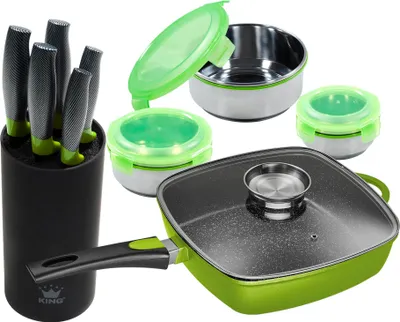 Produktbild von 10tlg. KING Vorteilsset GRÜN: 28x28cm Aluguss Rechteckpfanne Grün mit Glasdeckel + 3tlg. Vorratsdosen-Set KLICKBOX Grün Ø16cm, Ø13cm, Ø10.5cm + 6tlg. Messerset KING® CARBON GREEN LINE