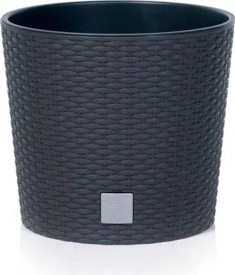 A dark gray, woven-textured round planter pot is shown against a white background.