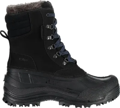 A black snow boot with blue laces and gray fur lining.