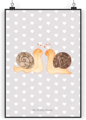 Produktbild von Mr. & Mrs. Panda Bild Schnecken Liebe DIN A3 - Grau Pastell - Geschenk, Pärchen, Posterdruck, Freundin, drucke, Zufrieden, Wandbild, glücklich, Kunstdruck, Plakat, Paar