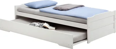 Produktbild von Ausziehbett LORENA in 90 x 190 cm, schönes Tagesbett aus Kiefer massiv in weiß, praktisches Jugendbett mit Auszugskasten