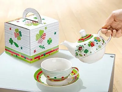Produktbild von Gilde Porzell Tea for one "Glücksklee"  grün/rot/gelb,in Geschenkverpackung L= 18 cm B= 17 cm H= 15cm  cm