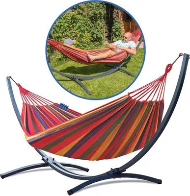 Productafbeelding van Famanu hangmatset met frame voor 2 personen - Stevige hangmat en frame geschikt tot 220 kg