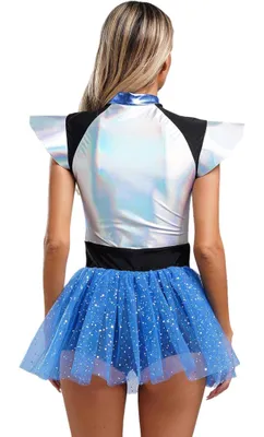 Produktbild von Damen Astronauten-Kostüm Gr. L Weltall-Design – Glänzender Body mit Tutu-Tüllkleid, Raumfahrer-Cosplay-Outfit für Shows, Halloween&Karneval&Partys