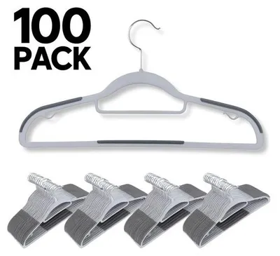 Productafbeelding van JustValue Multifunctionele Kledinghangers - 100 stuks - Grijs - Kleerhangers Kunststof - met Haken - Ruimtebesparend - Broekhanger Lichtgewicht