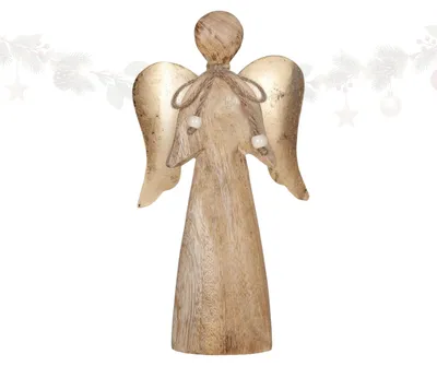Produktbild von Engelfigur aus Mangoholz 30 cm – stehender Holzengel mit goldenen Flügeln