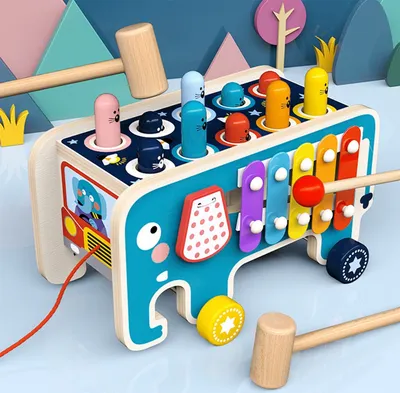 Produktbild von Holz Hammerspiel Klopfbank mit 2 Schlägeln Holzspielzeug Blau Spielzeug Geschenke für Jungen und Mädchen