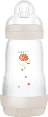 A baby bottle with a fish design.