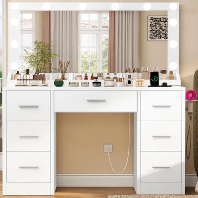 Immagine prodotto di Comò da trucco con illuminazione, presa di corrente, specchio a 3 colori, 7 cassetti, bianco