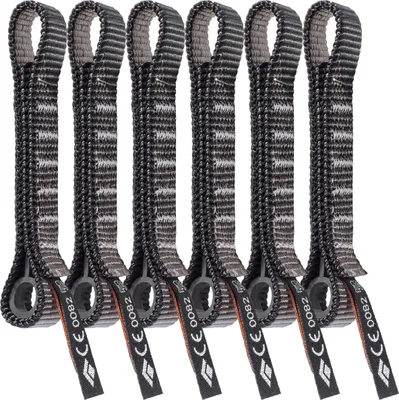 Sechs schwarze Standard Dogbone 12 cm von Black Diamond; geeignet für Klettern; mit stabilen Schlaufen.