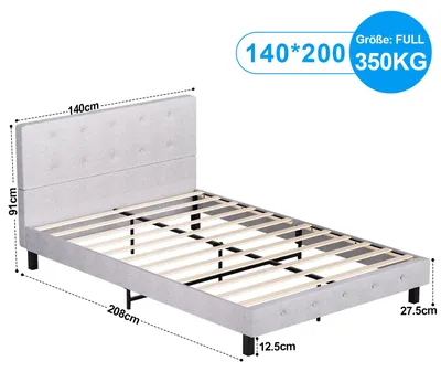 Obrázok produktu pre Rám postele - Konštrukcia postele - Posteľ s pružinovou základňou - Detská postieľka - Rozkladacia pohovka - 140 x 200 cm - Čalúnená hlavica postele