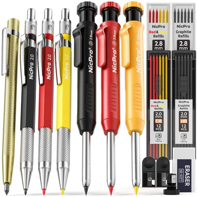 Produktbild von Tischler Bleistifte Set 16 Stück mit 42 Minen, Tieflochmarker, Anreißwerkzeug, Spitzer