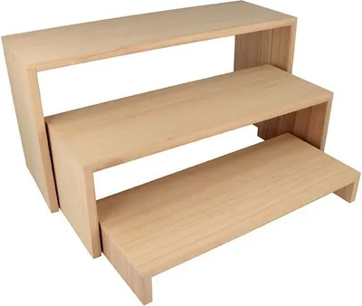 A three-tiered wooden shelf unit.