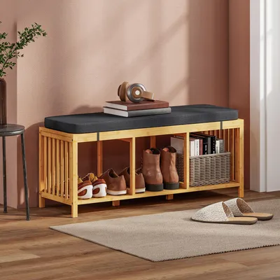 Produktbild von Flurbank Sitzbank, Bambus Schuhbank mit Sitzkissen, Holzoptik  |  Naturholz  |  bis 8,5 kg  |  102 x 33 x 45 cm