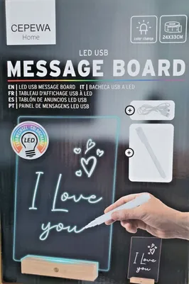 Produktbild von LED Message Board mit Stift, Acrylplatte bunt mit Fuß, Stift und USB Kabel, ideal für Nachrichten und Zeichnungen.