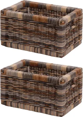 Produktbild von KRINES HOME Stabiles Set / 2 Regalkorb mit Holzrahmen Schubfach aus echtem Rattan / Schübe Box zur Aufbewahrung Regalkorb Schrankkorb Griff (Mehrfarbig, 20x32x17)